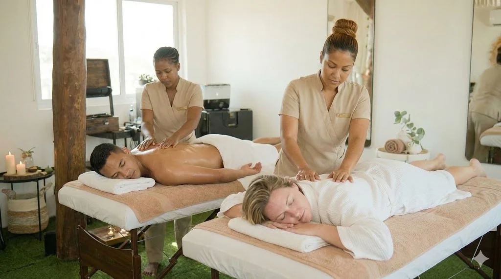 Romantic couples massage in private oceanfront cabin at Posada del Mar Spa Isla Mujeres